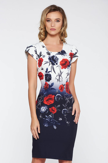 Rochie albastra-inchis eleganta midi tip creion din material usor elastic cu imprimeuri florale