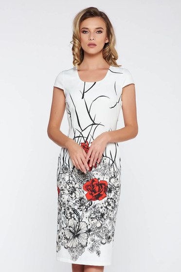 Rochie alba office midi cu un croi mulat din material usor elastic cu imprimeuri florale
