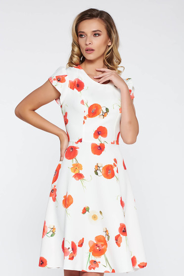 Rochie alba eleganta in clos cu maneci scurte din material usor elastic cu imprimeuri florale