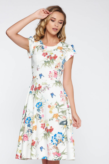 Rochie alba eleganta in clos din material subtire usor elastic cu imprimeuri florale