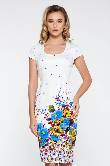 Rochie alba office midi tip creion din bumbac elastic cu imprimeuri florale