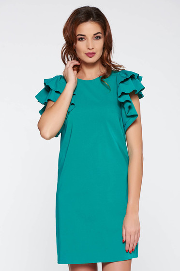 Rochie PrettyGirl verde de zi cu croi in A din material usor elastic captusita pe interior cu volanase la maneca