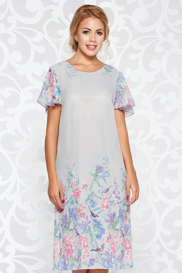 Rochie gri eleganta cu croi larg din material vaporos si transparent captusita pe interior cu imprimeu floral