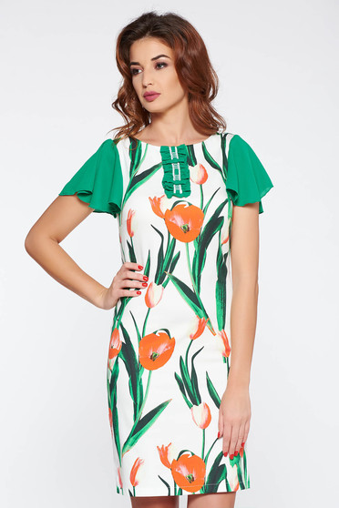 Rochie LaDonna verde eleganta cu croi in a din bumbac elastic cu imprimeuri florale