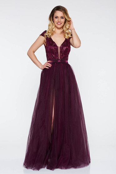 Rochie Artista mov de ocazie cu bust buretat din tul captusita pe interior cu aplicatii florale cu efect 3d