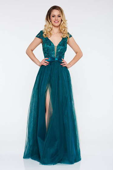 Rochie Artista verde de ocazie cu bust buretat din tul captusita pe interior cu aplicatii florale cu efect 3d