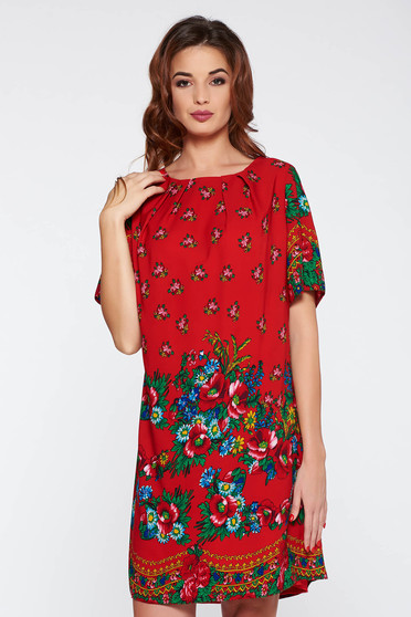 Rochie rosie eleganta cu croi larg cu imprimeuri florale material subtire