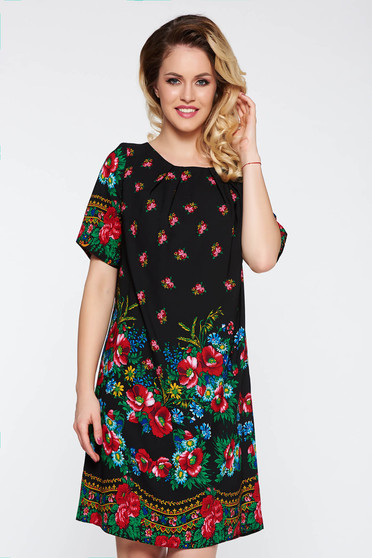 Rochie neagra eleganta cu croi larg cu imprimeuri florale material subtire