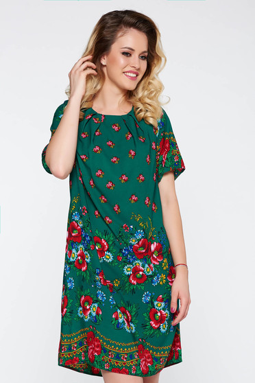 Rochie verde eleganta cu croi larg cu imprimeuri florale material subtire