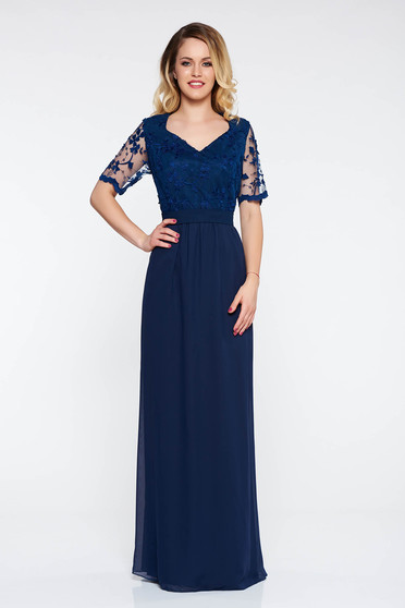 Rochie albastra-inchis de ocazie croi in clos din voal cu maneci din dantela