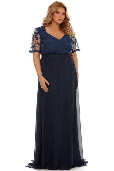 Rochie albastra-inchis de ocazie croi in clos din voal cu maneci din dantela