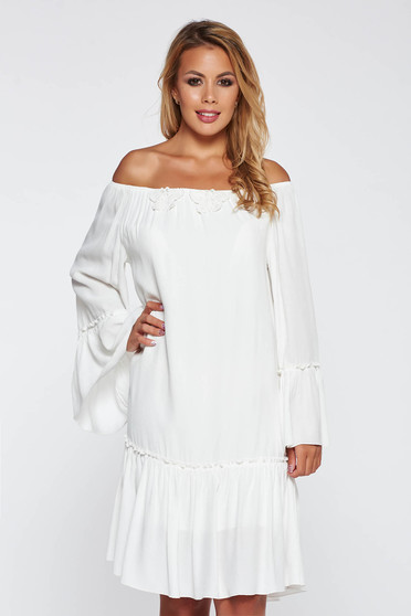 Rochie PrettyGirl alba casual cu croi larg cu maneci lungi