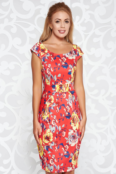 Rochie rosie eleganta de zi cu un croi mulat din bumbac cu imprimeuri florale