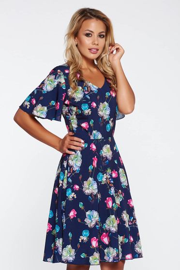 Rochie albastra-inchis eleganta de zi in clos cu imprimeuri florale cu elastic in talie