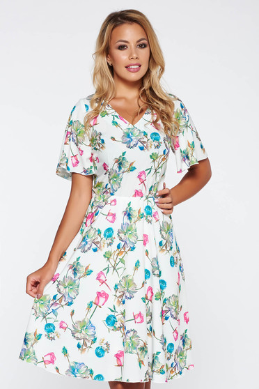 Rochie alba eleganta de zi in clos cu imprimeuri florale cu elastic in talie