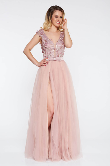 Rochie Artista lila de ocazie cu bust buretat din tul captusita pe interior cu aplicatii florale cu efect 3d