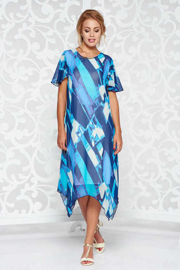 Rochie albastra eleganta asimetrica cu croi larg din material vaporos si transparent