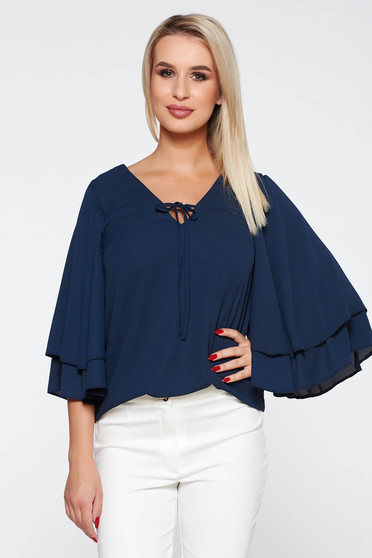 Bluza dama StarShinerS albastra-inchis eleganta cu croi larg din material neelastic material subtire cu decolteu in v