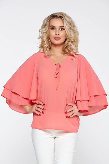 Bluza dama StarShinerS piersica eleganta cu croi larg din material neelastic material subtire cu decolteu in v