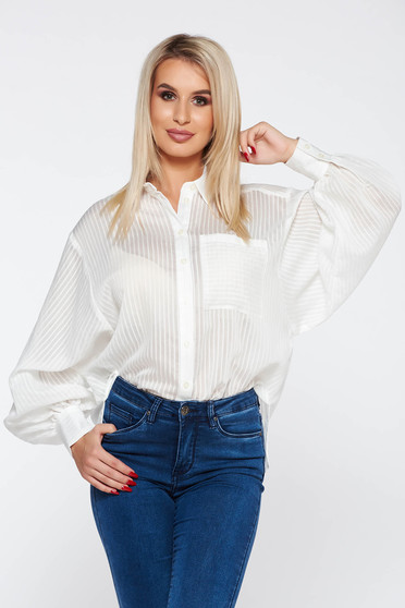 Camasa dama StarShinerS alba casual cu croi larg cu maneci bufante din material vaporos si transparent