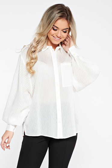 Camasa dama StarShinerS alba casual cu croi larg cu maneci bufante din material vaporos si transparent