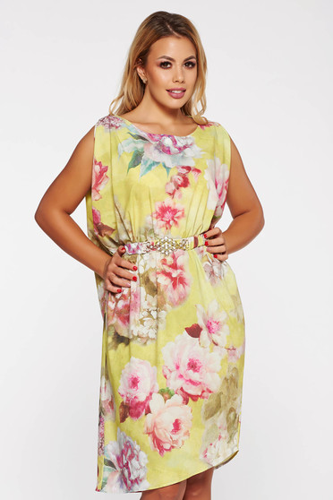 Rochie PrettyGirl galbena eleganta cu croi larg din material satinat cu imprimeuri florale accesorizata cu cordon