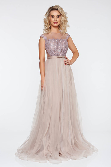 Rochie Ana Radu gri de ocazie in clos din material transparent cu tul