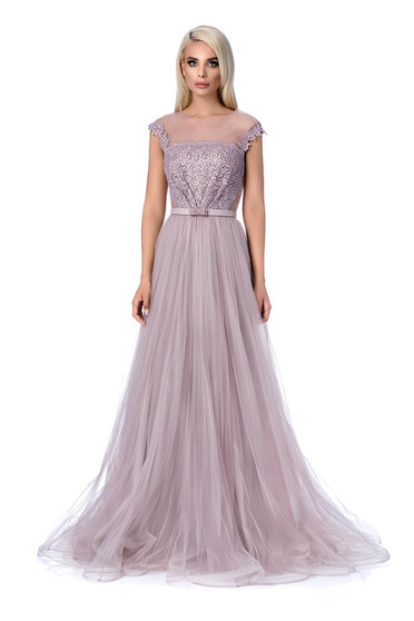 Rochie Ana Radu gri de ocazie in clos din material transparent cu tul