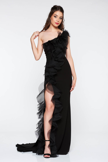 Rochie Ana Radu neagra lunga de ocazie cu un croi mulat material fin la atingere cu volanase