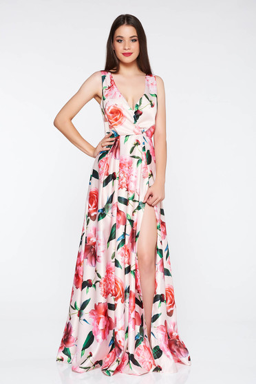 Rochie roz deschis Artista de ocazie in clos din material satinat cu decolteu in v