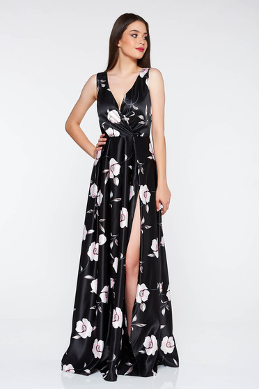 Rochie neagra Artista de ocazie in clos din material satinat cu decolteu in v