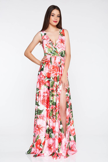 Rochie Artista rosie de ocazie in clos din material satinat cu decolteu in v