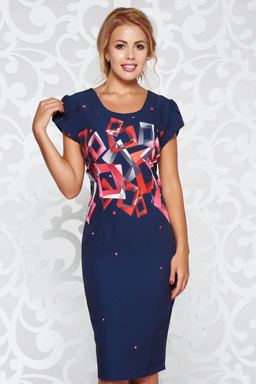 Rochie albastra-inchis eleganta cu un croi mulat cu imprimeu geometric din stofa usor elastica