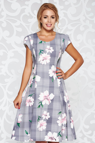 Rochie gri eleganta in clos material fin la atingere cu imprimeuri florale