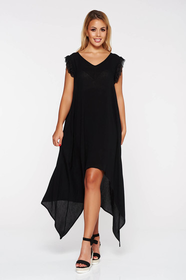 Rochie StarShinerS neagra asimetrica de plaja cu croi larg cu aplicatii de dantela