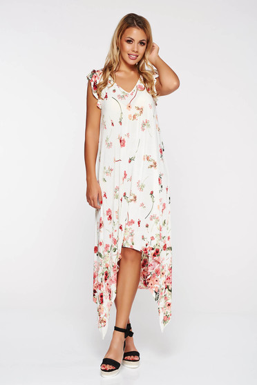 Rochie StarShinerS alba de plaja asimetrica cu croi larg cu imprimeuri florale