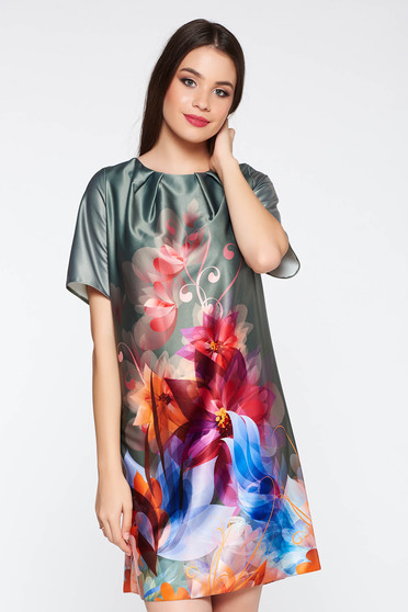 Rochie khaki eleganta cu maneca scurta cu croi larg din material satinat cu imprimeu floral