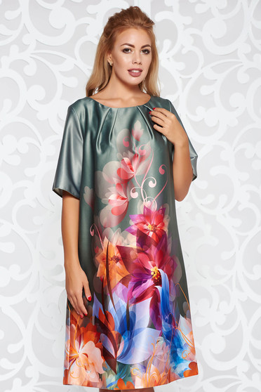 Rochie khaki eleganta cu maneca scurta cu croi larg din material satinat cu imprimeu floral