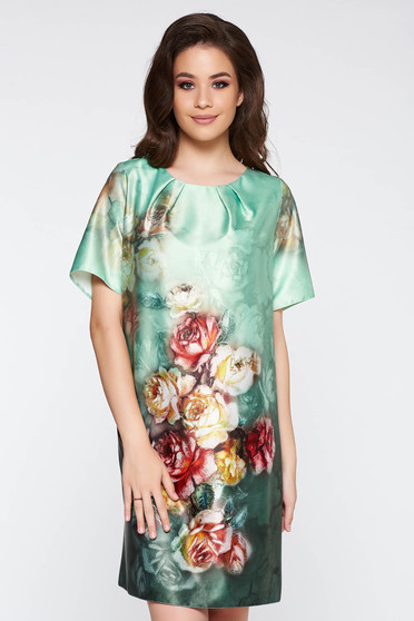 Rochie verde-deschis eleganta cu maneca scurta cu croi larg din material satinat cu imprimeu floral