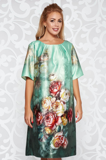 Rochie verde-deschis eleganta cu maneca scurta cu croi larg din material satinat cu imprimeu floral