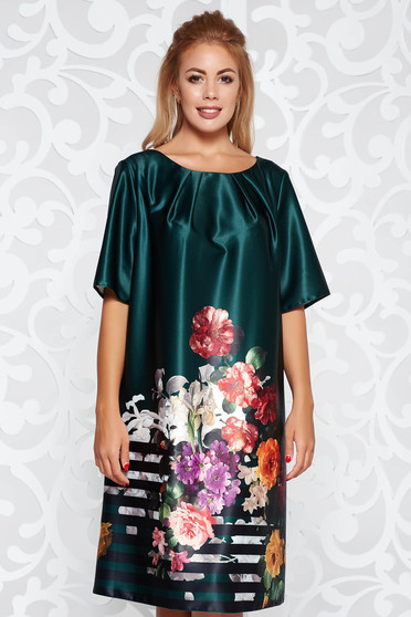 Rochie verde eleganta cu maneca scurta cu croi larg din material satinat cu imprimeu floral