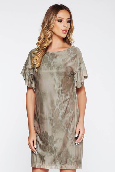 Rochie StarShinerS khaki de zi cu croi larg din material transparent captusita pe interior cu volanase la maneca