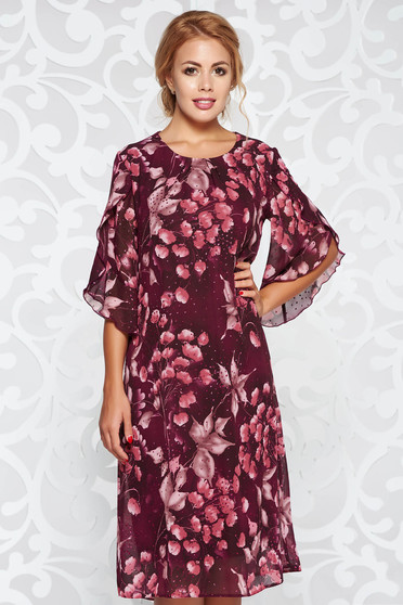Rochie mov de ocazie cu croi larg din material transparent cu imprimeuri florale