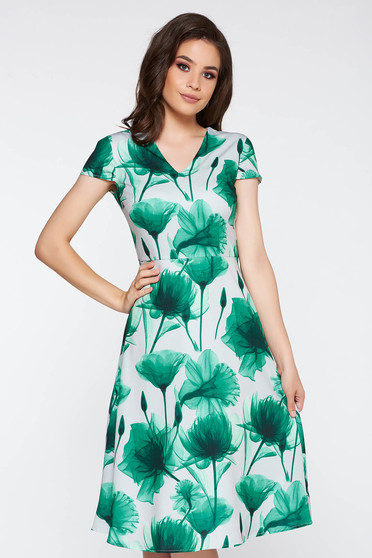 Rochie verde eleganta in clos din material usor elastic cu imprimeuri florale cu decolteu in v