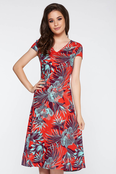 Rochie rosie eleganta in clos din material usor elastic cu imprimeuri florale cu decolteu in v