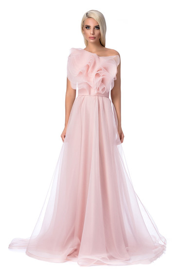 Rochie Ana Radu rosa de lux pe umar din tul captusita pe interior cu volanase