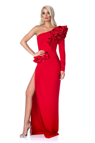 Rochie Ana Radu rosie de ocazie cu un croi mulat cu volanase din material elastic si fin