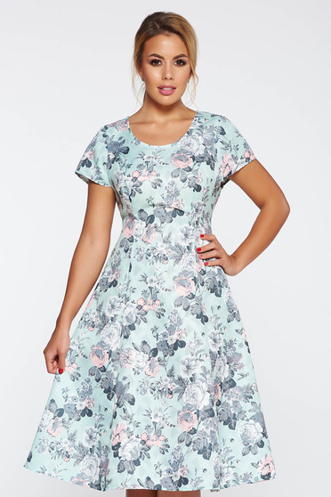 Rochie mint de zi midi in clos din material neelastic cu imprimeuri florale