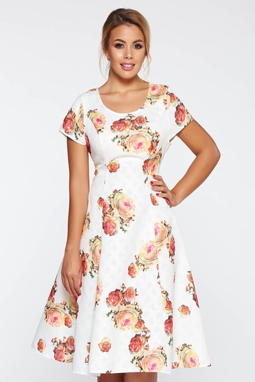 Rochie alba de zi midi in clos din material neelastic cu imprimeuri florale