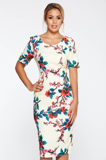 Rochie galbena eleganta tip creion cu imprimeuri florale din material usor elastic